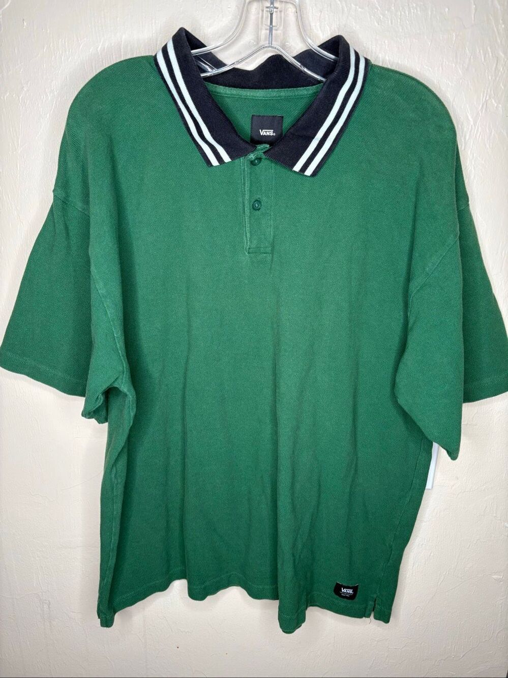 Vans Green Polo Shirt 100% Cotton Black & White Striped Collar Large-144
